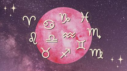 The zodiac signs and the full pink moon against a background of the starry night sky