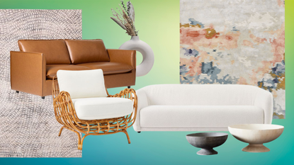 a collection of West Elm decor and furniture on a colorful background