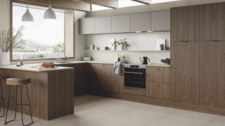 Nordic wooden kitchen design with large square window over sink area