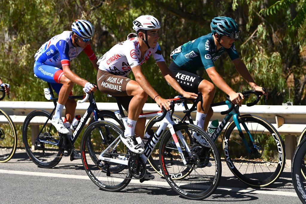 SIERRA DE LA PANDERA SPAIN SEPTEMBER 03 Clment Champoussin of France and AG2R Citren Team competes in the breakaway during the 77th Tour of Spain 2022 Stage 14 a 1603km stage from Montoro to Sierra de La Pandera 1815m LaVuelta22 WorldTour on September 03 2022 in Sierra de La Pandera Spain Photo by Tim de WaeleGetty Images