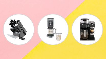 Ninja sale items including a knife system, ice cream maker, and coffee machine on a pink and yellow background