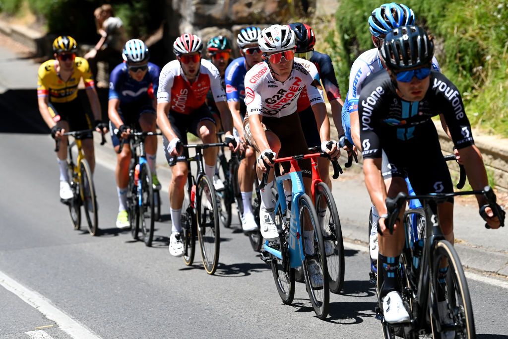 MOUNT LOFTY AUSTRALIA JANUARY 22 Paul Lapeira of France and AG2R Citren Team competes in the breakaway during the 23rd Santos Tour Down Under 2023 Stage 5 a 1125km stage from Unley to Mount Lofty 727m TourDownUnder WorldTour on January 22 2023 in Mount Lofty Australia Photo by Tim de WaeleGetty Images