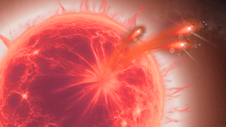 An illustration shows a red giant spitting out blobs of plasma and receiving "kicks" in the opposite direction