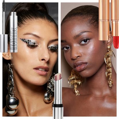 collage of women in holiday makeup looks with a cutout of mascara lip balm and eyeshadow