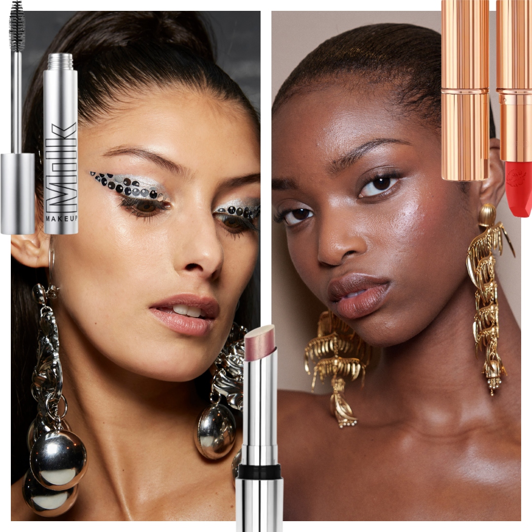 collage of women in holiday makeup looks with a cutout of mascara lip balm and eyeshadow