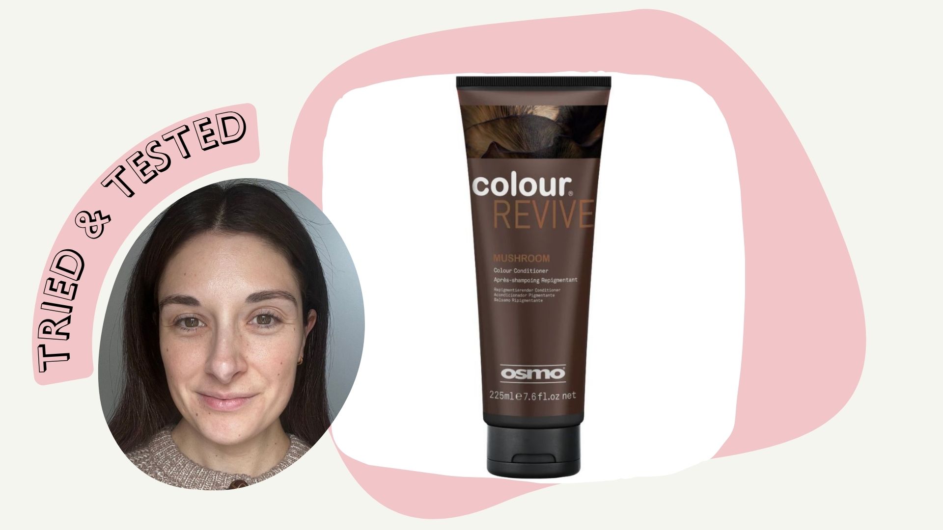 collage with Jess after using Osmo Colour Revive Mushroom Colour Conditioner and image of the product