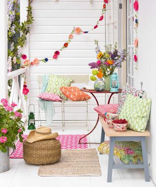 front porch with colorful accessories