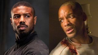 Michael B. Jordan looking to the side in Without Remorse image next to Will Smith looking scared in I Am Legend image