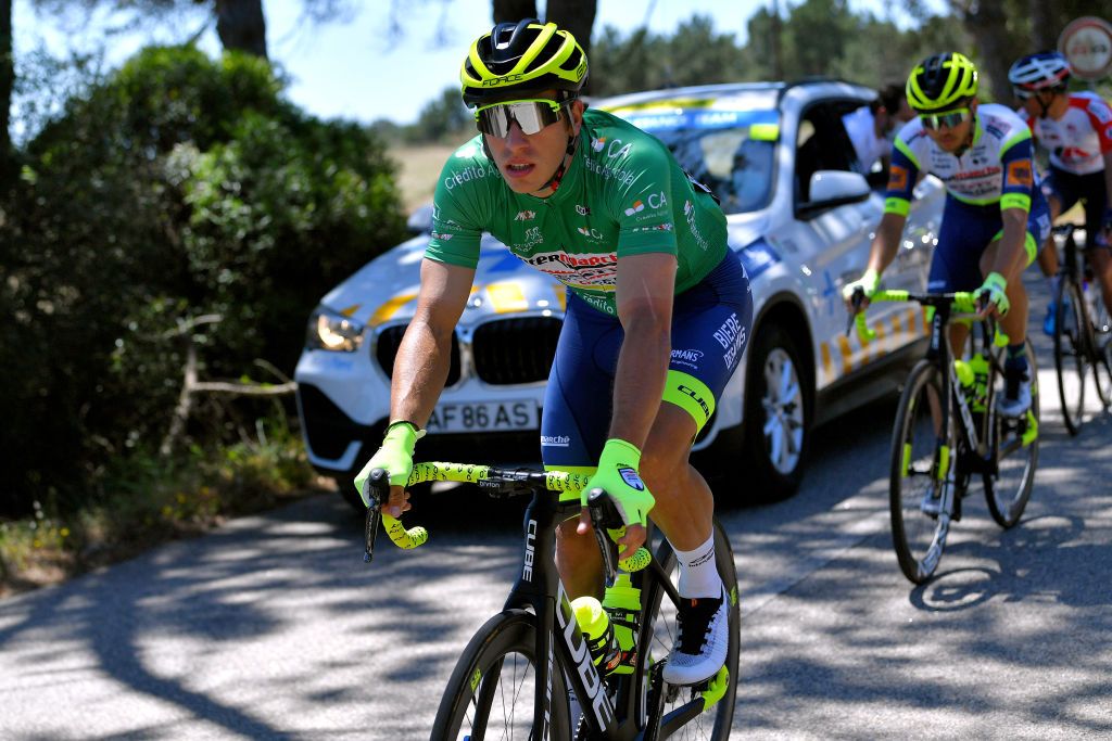 FOIA PORTUGAL MAY 06 Danny Van Poppel of Netherlands and Team Intermarch Wanty Gobert Matriaux Green Points Jersey during the 47th Volta Ao Algarve 2021 Stage 2 a 1828km stage from Sagres to Fia 890m VoltAlgarve VAlgarve2021 on May 06 2021 in Fia Portugal Photo by Luc ClaessenGetty Images