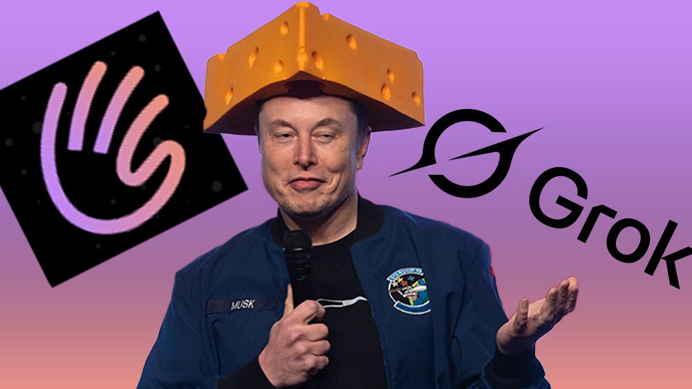 Elon Musk usando chapéu de queijo, com logos do Grok e xAI Grok em fundo degradê
