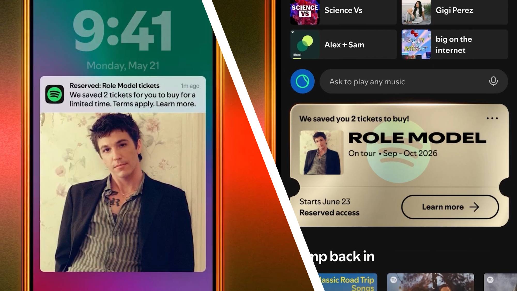 Two smartphones showing Spotify's Reserved notification and in-app pop-up