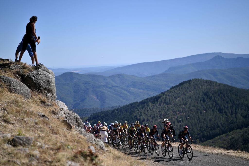 The pack rides during the 6th stage of the 107th edition of the Tour de France cycling race 191 km between Le Teil and Mont Aigoual on September 3 2020 Photo by Marco BERTORELLO AFP Photo by MARCO BERTORELLOAFP via Getty Images
