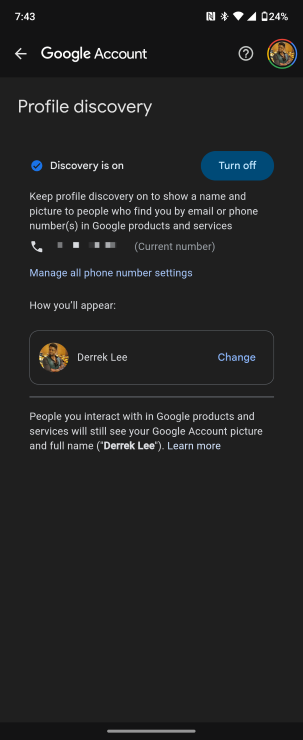Google Messages profile discovery toggle