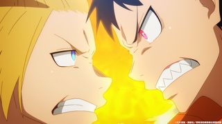 Shinra and Iris facing off in Fire Force season 3