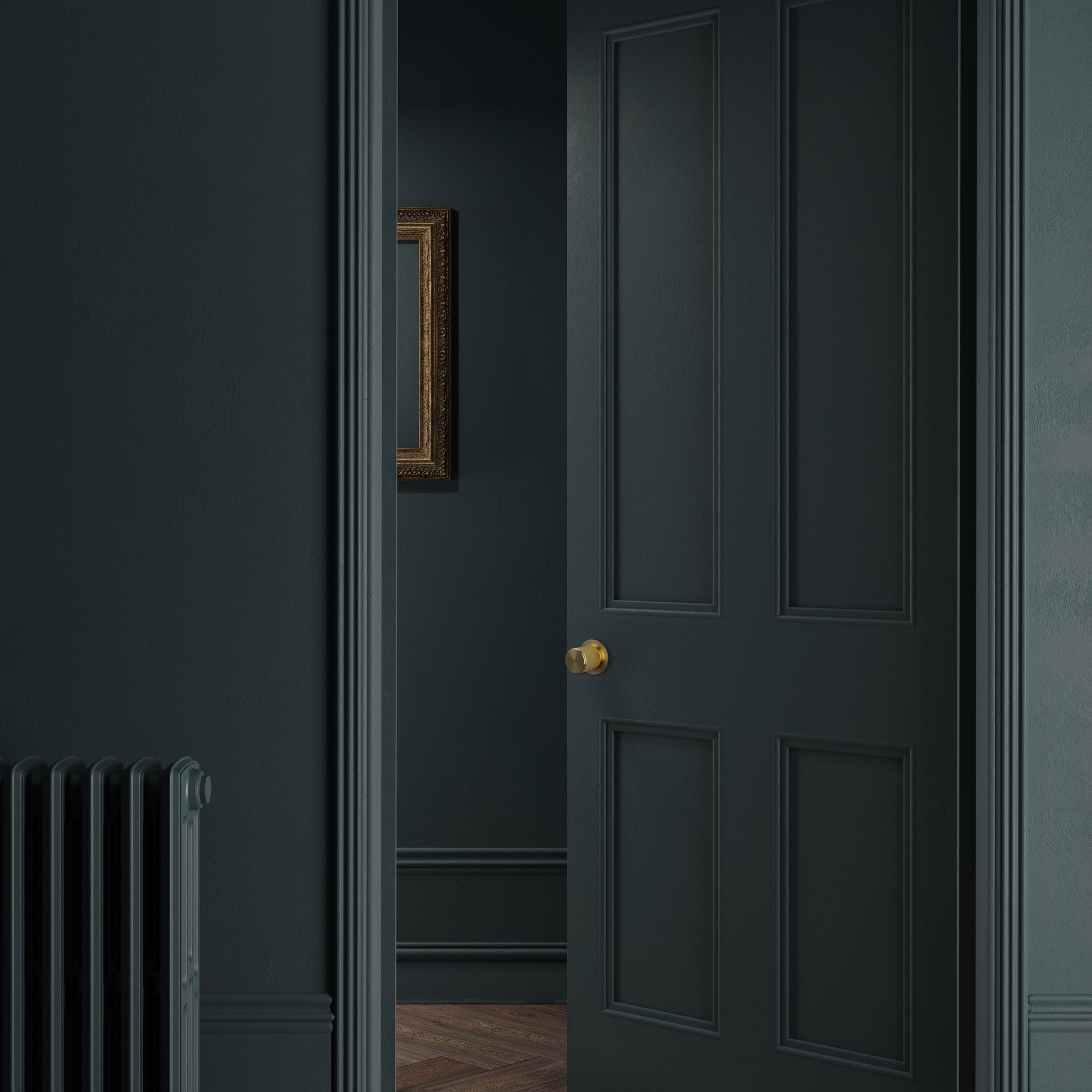 dark blue internal door with brass door knob in colour drenched hallway with painted radiator