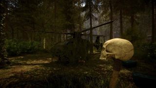 A screenshot from Sons of the Forest showing a helicopter in a dark forest.