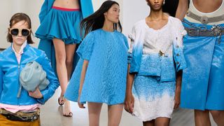 the blue spring 2025 color trend at Miu Miu, Aläia, Loewe, Bottega Veneta runways