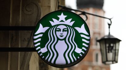Starbucks Coffee logo is seen on the cafe in Krakow, Poland on April 18, 2021.