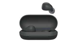 Sony WF-C700N-oortjes in het zwart tegen een witte achtergrond