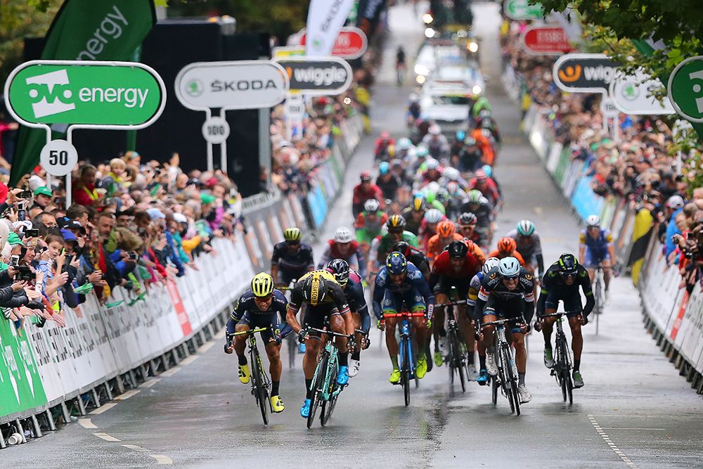 The sprinters bear down on the finish during stage 7 at the Tour of Britain