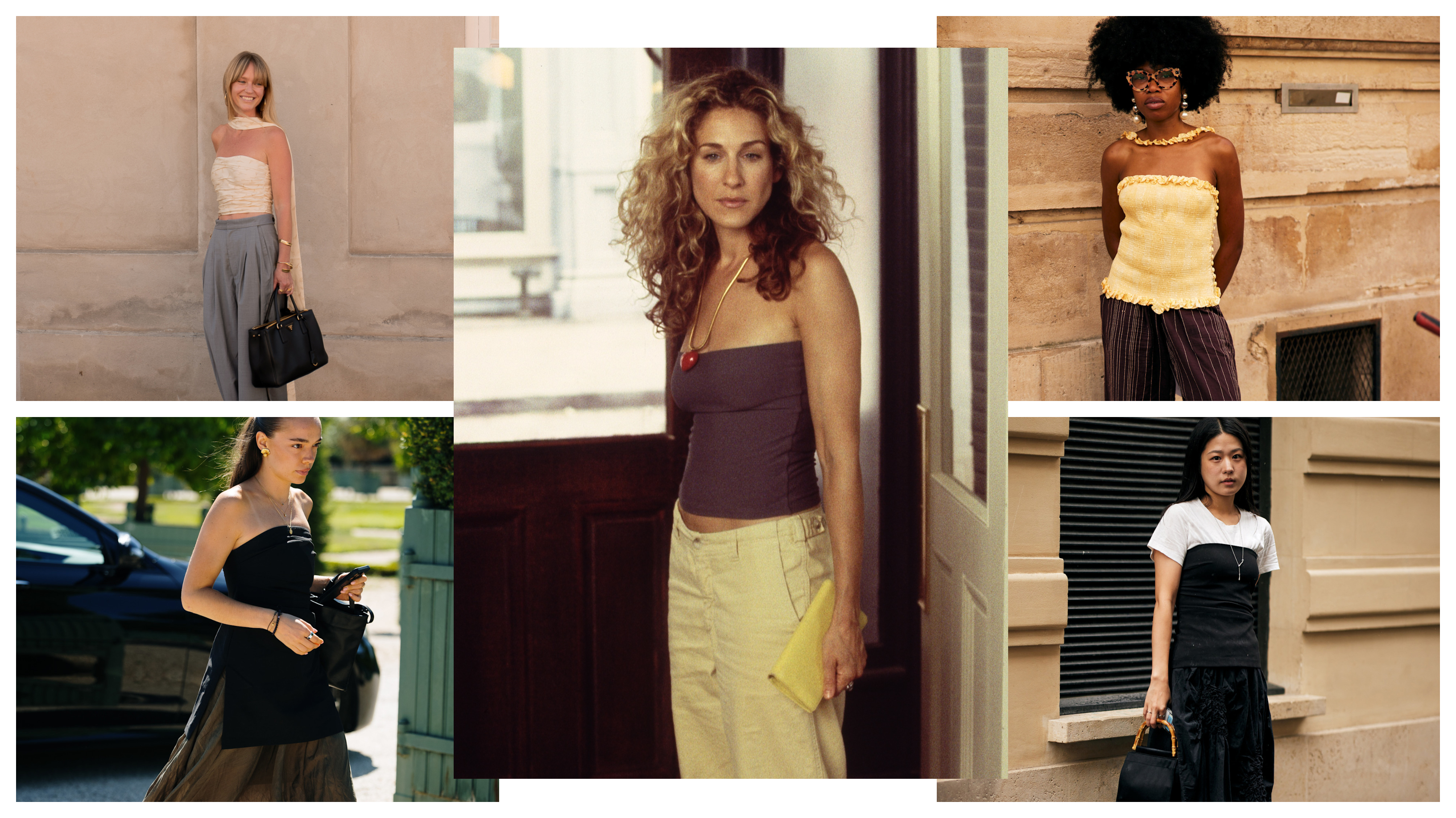 women wearnig tube top outfits, including 'Sex and the City''s Carrie Bradshaw and women at fashion week
