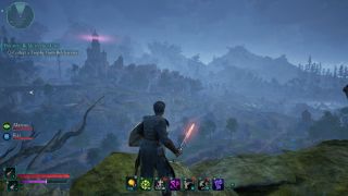 Avowed money sources - A third-person view of the player character holding a flaming sword and shield while overlooking the wilds of Emerald Stair.