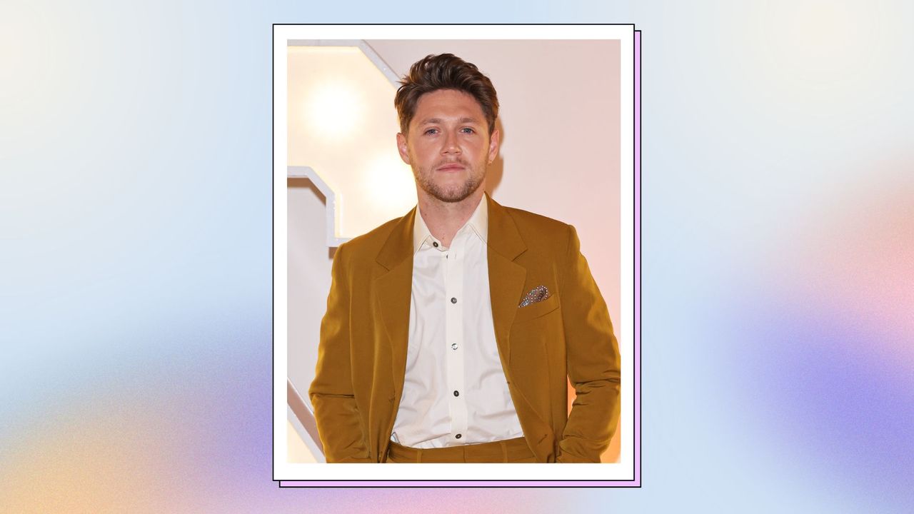  Niall Horan wears a mustard suit as he attends the Horan &amp; Rose Show: Modest! on September 03, 2021 in Watford, England./ in a blue and multi-colored pastel template