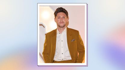  Niall Horan wears a mustard suit as he attends the Horan & Rose Show: Modest! on September 03, 2021 in Watford, England./ in a blue and multi-colored pastel template