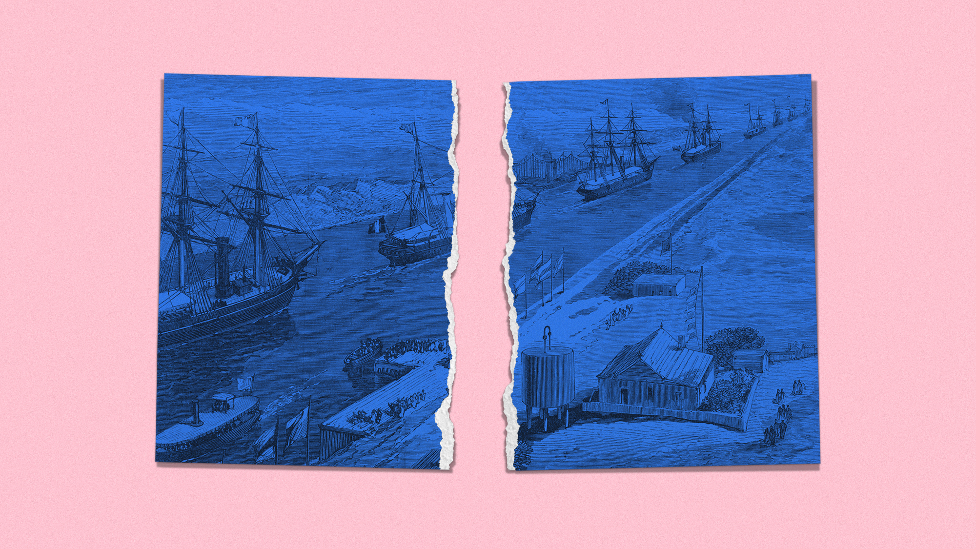 Photo composite illustration of an engraving of the Suez Canal torn in two