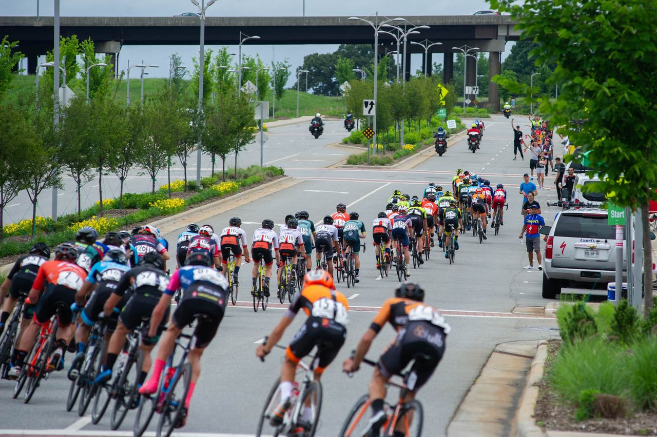 The men head into the feed zone during the road race at the Winston-Salem Cycling Classic