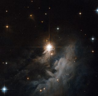 Star IRAS 10082-5647 shines at the center of this Hubble Space Telescope image, with a reflection nebula glowing around it.