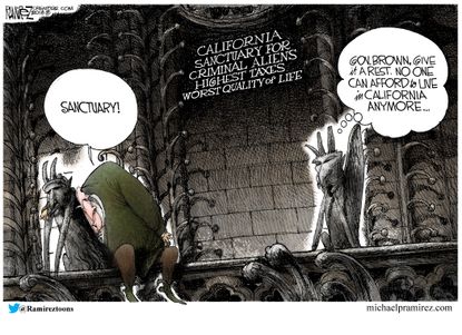 Political cartoon U.S. California sanctuary state quality of life affordability Jerry Brown