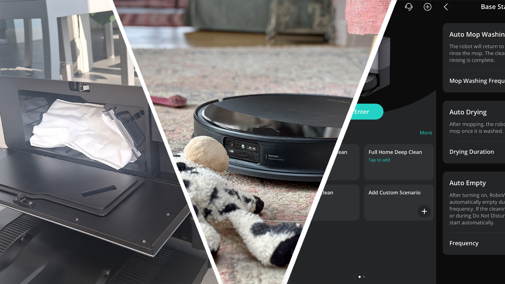 A dust bag in a dock (left), a robot vacuum avoiding a toy (center) and a screenshot from a companion app (right)