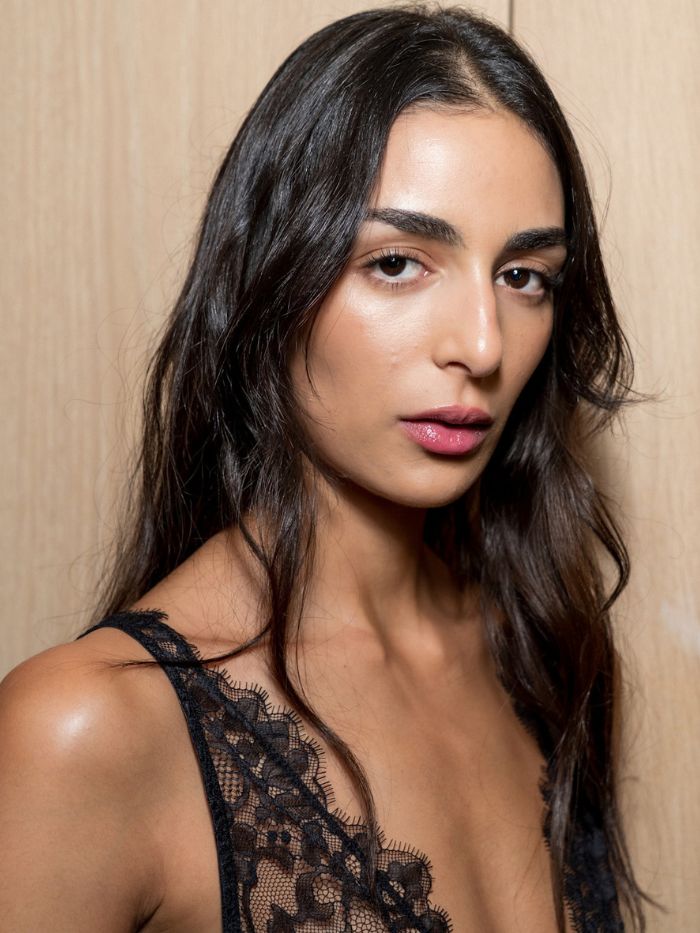 A close-up of a model backstage at the Marks and Spencer S/S 27 show