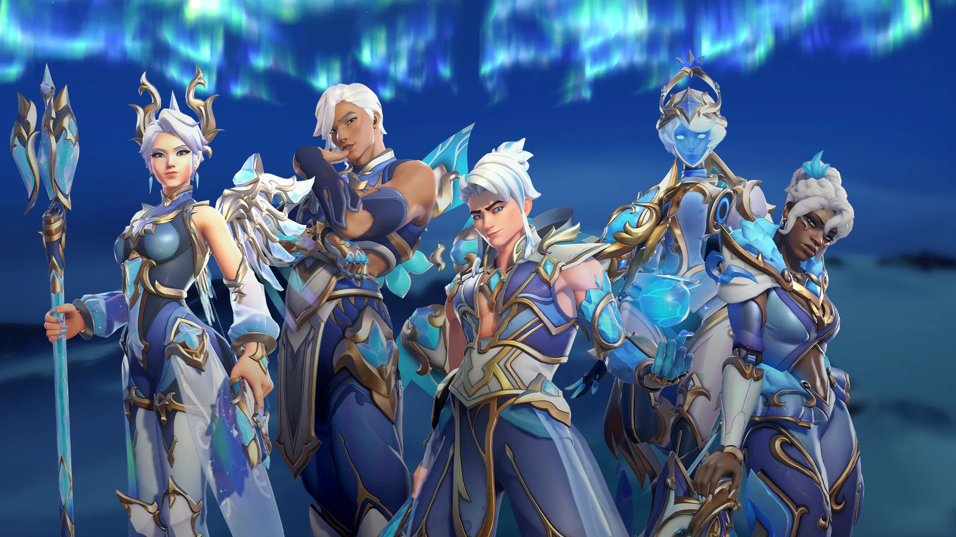 Overwatch 2 Season 20: The Borealis collection of skins, featuring Mercy, Lifeweaver, Wuyang, Echo, and Sojourn posing.