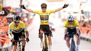 EIBAR, SPAIN - APRIL 08: Jonas Vingegaard of Denmark and Team Jumbo â€“ Visma - Yellow Leader Jersey celebrates at finish line as race winner during the 62nd Itzulia Basque Country, Stage 6 a 137.8km stage from Eibar to Eibar / #UCIWT / on April 08, 2023 in Eibar, Spain. (Photo by David Ramos/Getty Images)