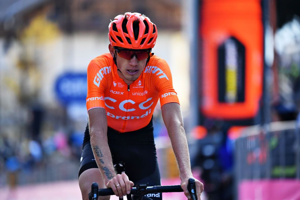 MADONNA DI CAMPIGLIO ITALY OCTOBER 21 Arrival Ilnur Zakarin of Russia and CCC Team during the 103rd Giro dItalia 2020 Stage 17 a 203km stage from Bassano del Grappa to Madonna di Campiglio 1514m girodiitalia Giro on October 21 2020 in Madonna di Campiglio Italy Photo by Stuart FranklinGetty Images
