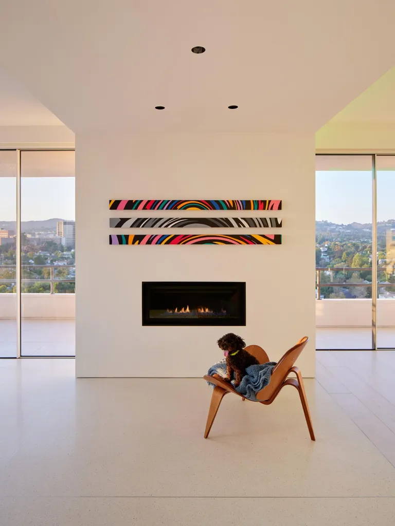 Los Angeles penthouse by Dan Brunn - a dog sat on a single chair in front of a wall embedded fire place, floor to ceiling balcony windows either side.