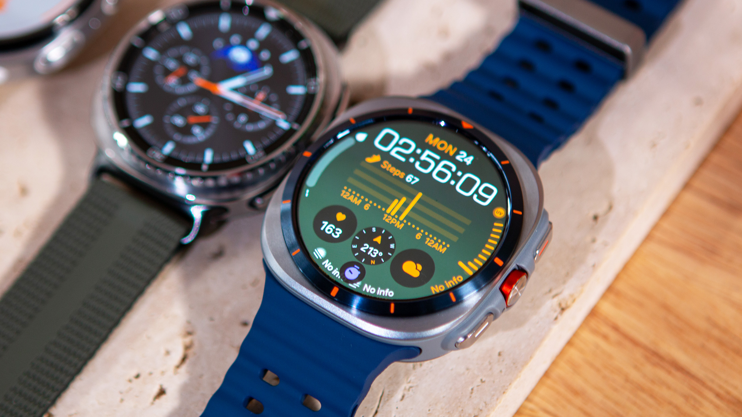 Samsung Galaxy Watch Ultra (2025) next to Watch 8 Classic hands-on