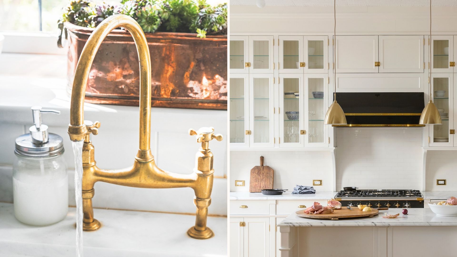 split image of a white classic kitchen with brass kitchen taps and cabinets handles