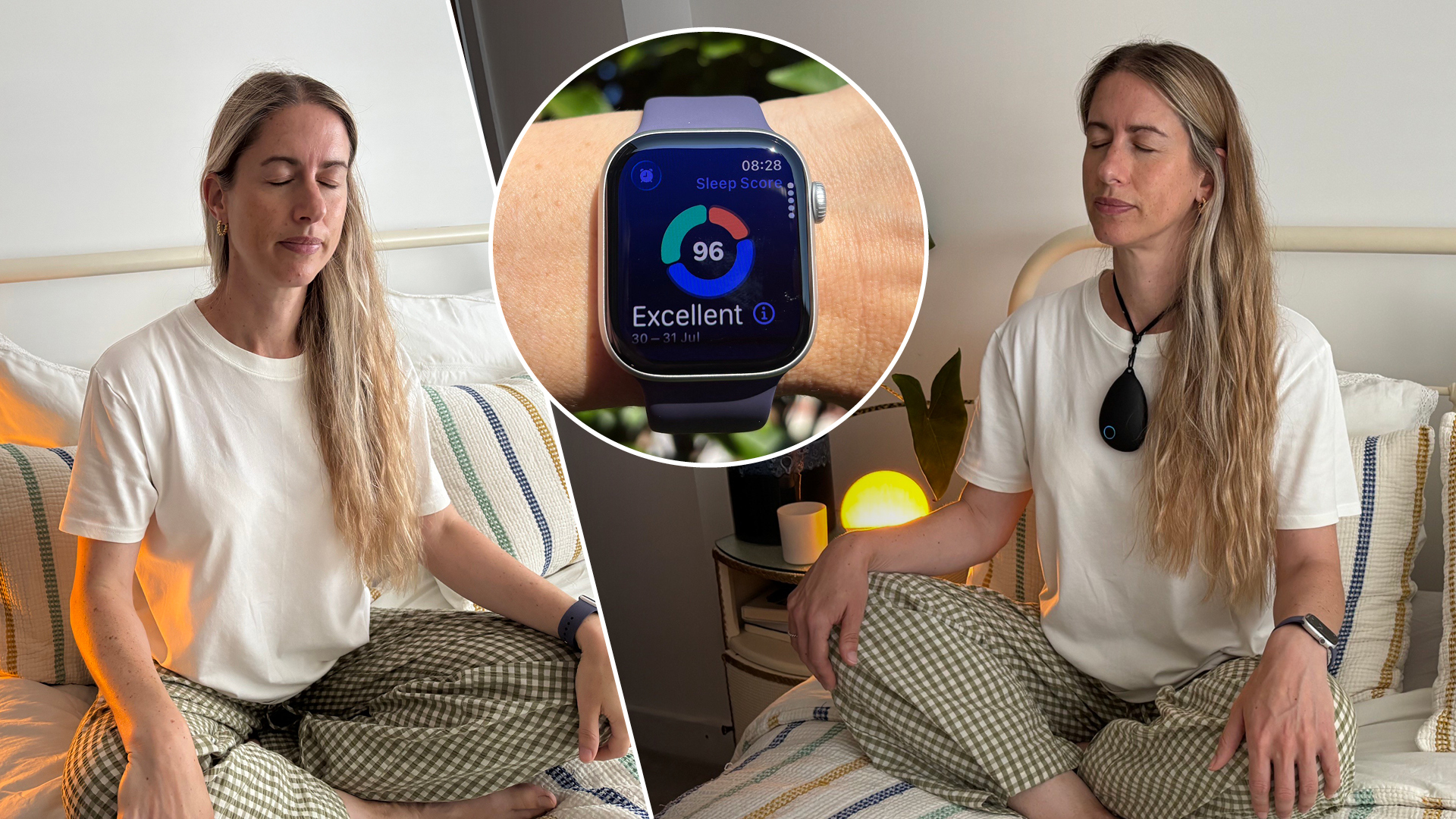 The composite image shows a woman wearing a white t-shirt and green check trousers sitting crossed legged on a bed, eyes closed and hands on knees. The image on the right shows the same woman in the same position, but wearing a large pebble-shaped object around her neck. Inset in the middle a wrist displays an Apple Watch sleep score of 96.