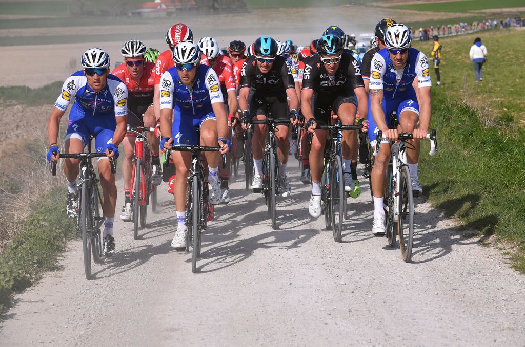 Matteo Trentin, Zdenek Stybar, and Tom Boonen patrol for Quick-Step Floors