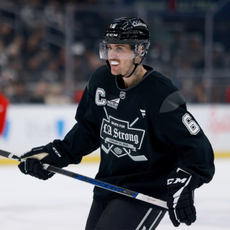 Justin Bieber #6 of Team Black tracks the puck against Team Red during NHL & Los Angeles Kings Present "Skate For LA Strong" at Crypto.com Arena on February 23, 2025 in Los Angeles, California.