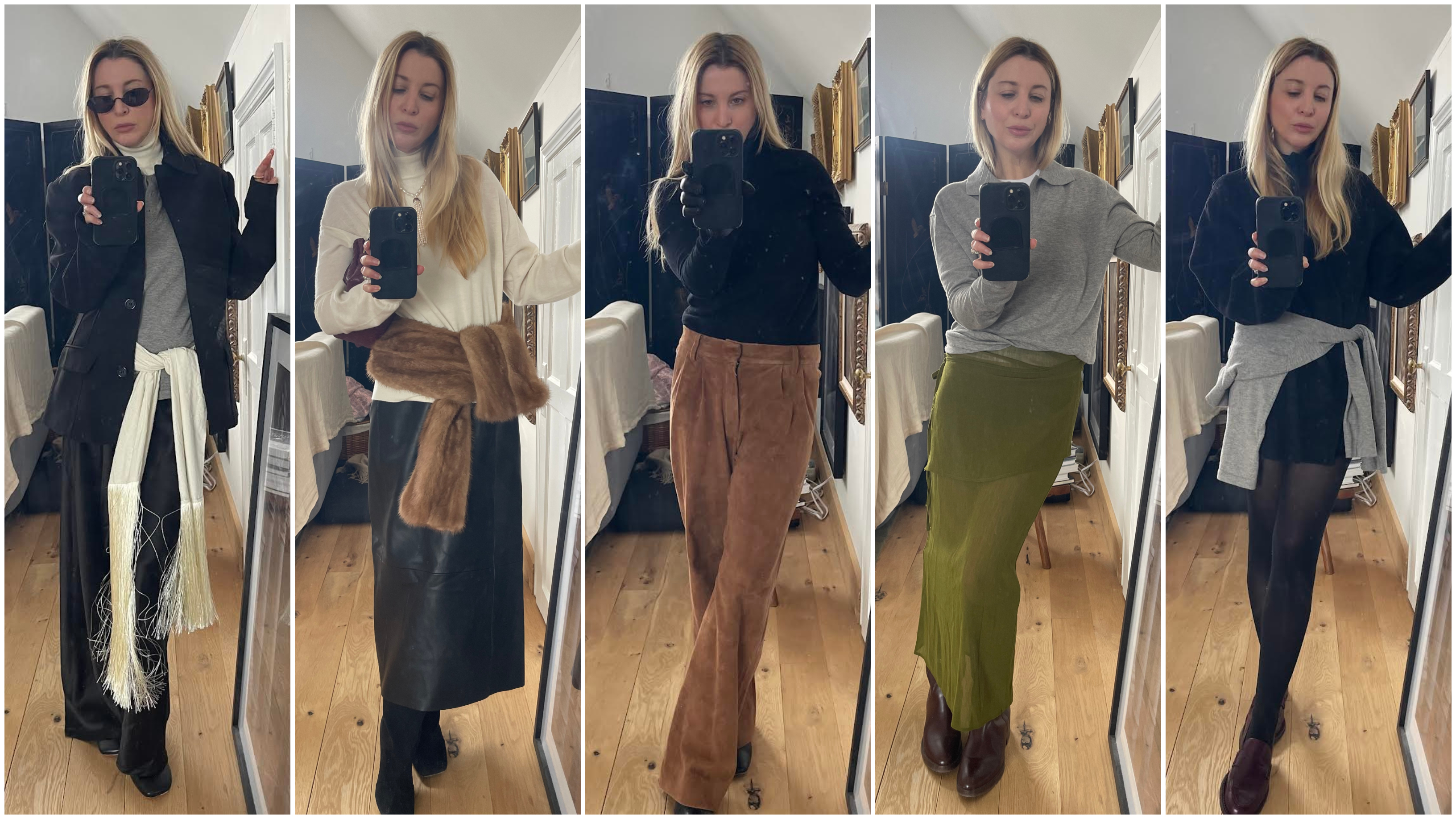 a collage of Kerry Pieri wearing different thin knit sweater outfits