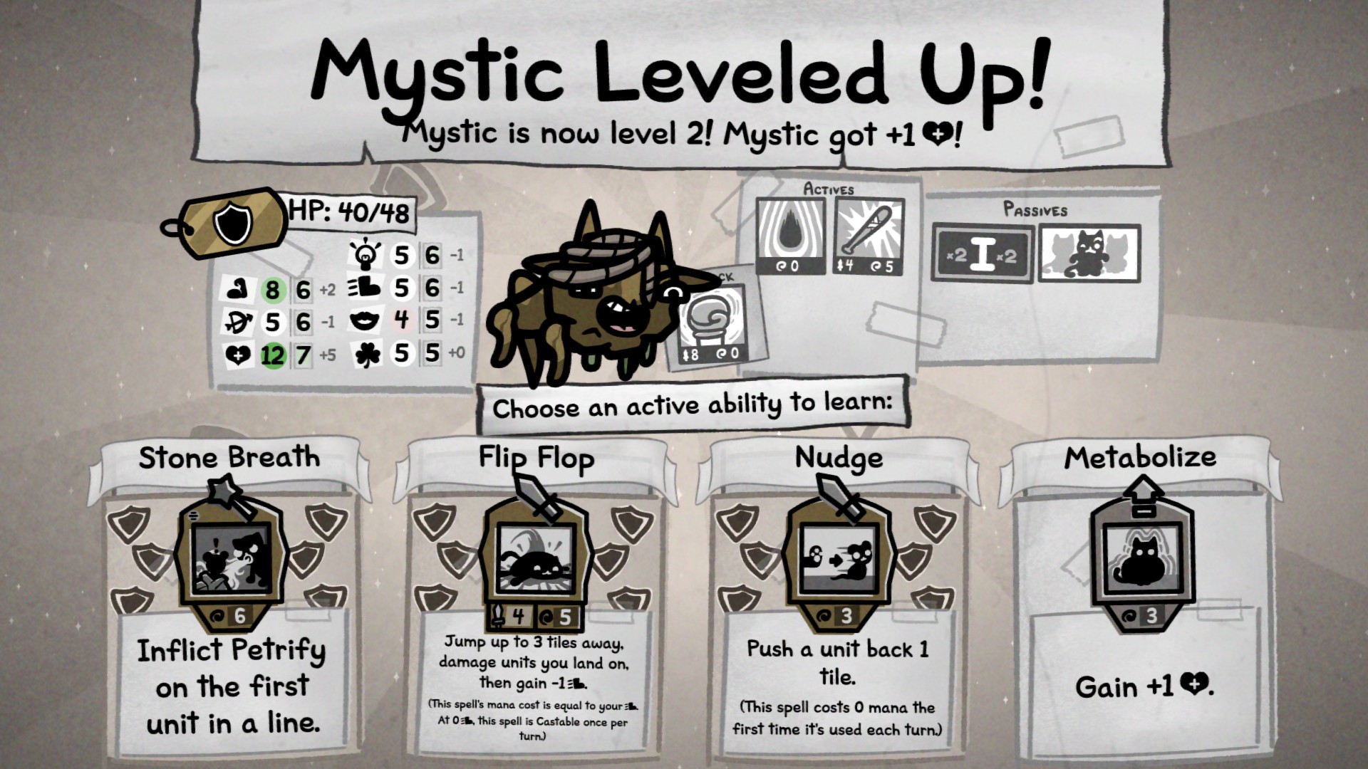 A cat levelling up in Mewgenics.