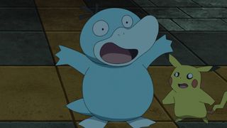 A blue shiny Psyduck seen in the Pokemon anime.