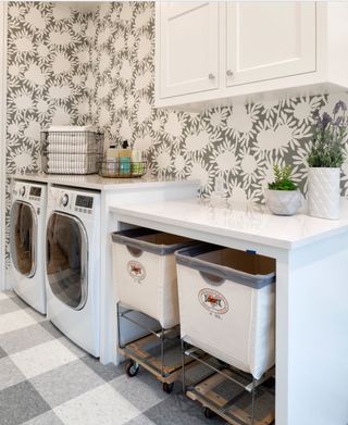 laundry room with baskets under countertops