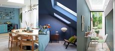 Three examples of how to make a narrow room look wider with paint. Blue and white kitchen-diner. Color drenched deep blue painted bedroom. Narrow office with glass ceiling, blue painted walls.
