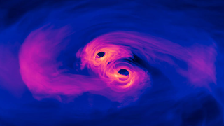 A purple hued image showing two black circles circling around one another in the center. There is a wave of pinkish gas trailing behind each of them.