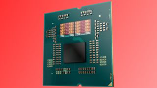 A rendered image of an AMD Zen 5 Granite Ridge processor, with the heatspreader removed to show the dual CCDs and single IOD.